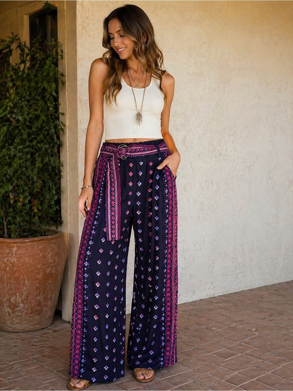 Jessica Simpson Keagan Wide Leg Pants Navy Pink Print Boho Belted XS